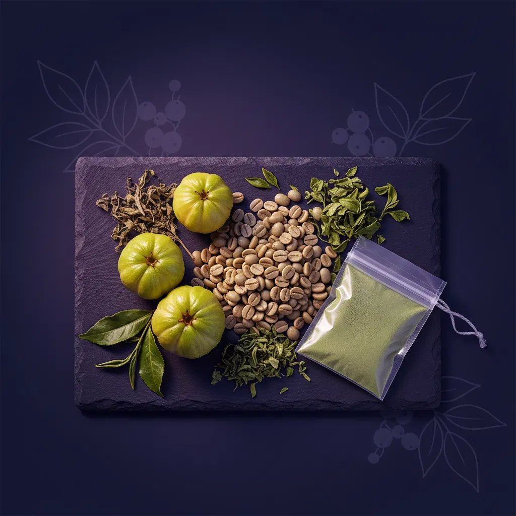 Flat lay of green coffee beans, garcinia cambogia fruits and botanical supplement ingredients on a dark slate surface